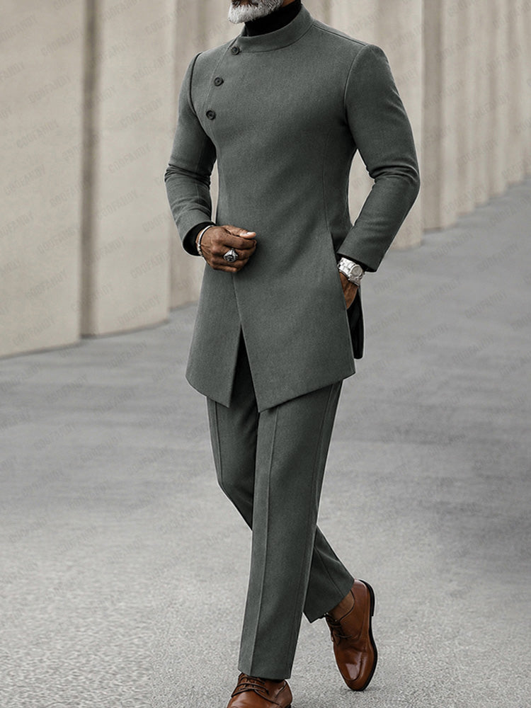 Minimalist Style Diagonal Placket Jacket Set