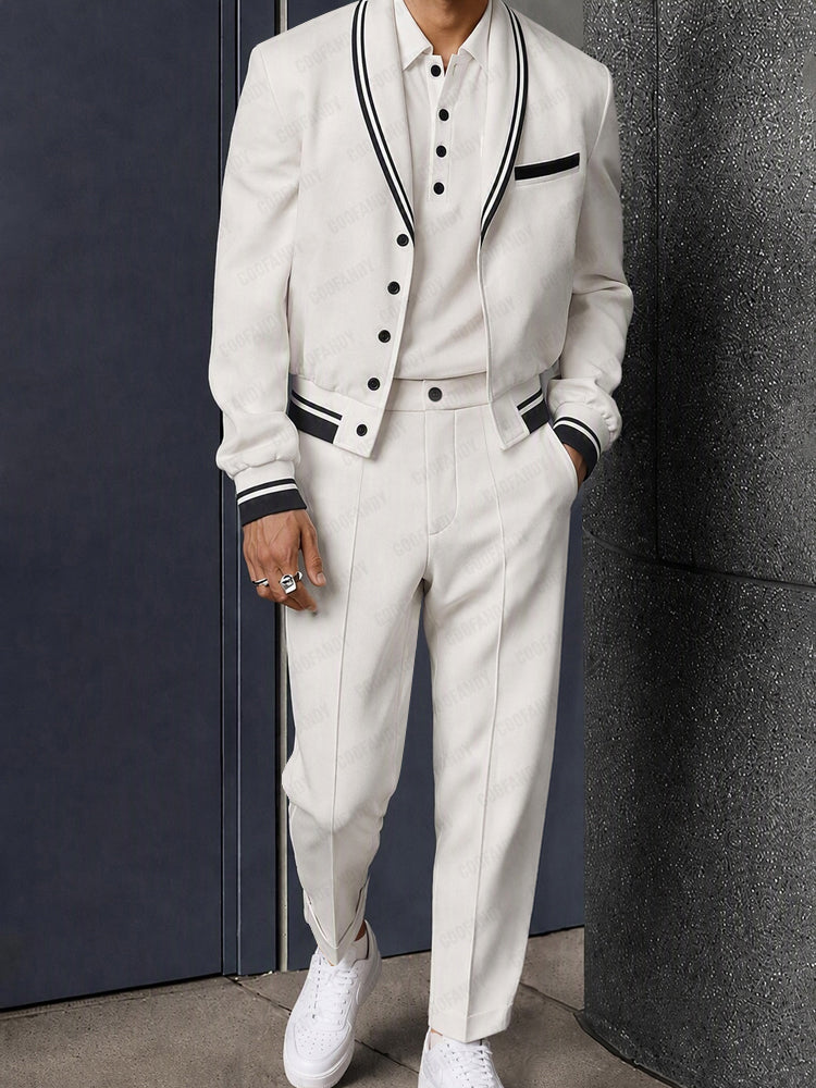 Modern Contrast Piping Cropped Blazer Suit Set