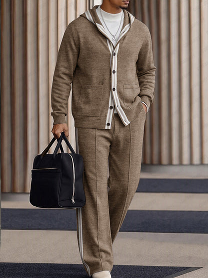 Comfy Contrast Stripe Trim Hooded Cardigan Pants Set