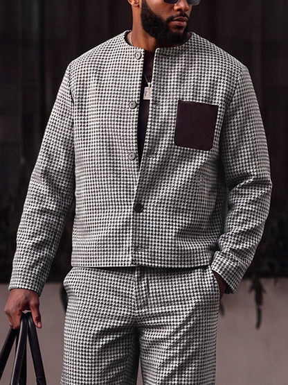 Casual Vintage Houndstooth Jacket Pants Set