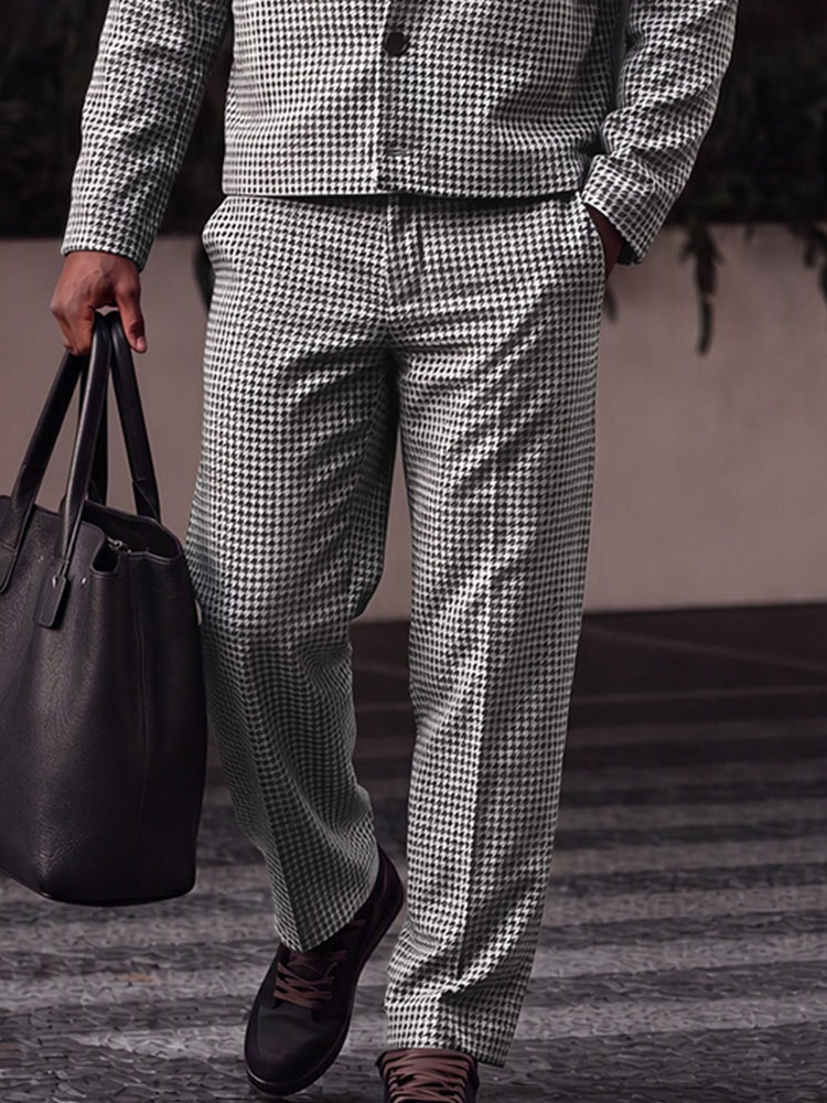Casual Vintage Houndstooth Jacket Pants Set