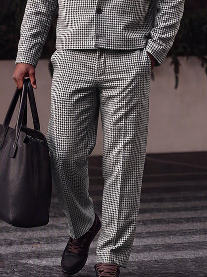 Casual Vintage Houndstooth Jacket Pants Set