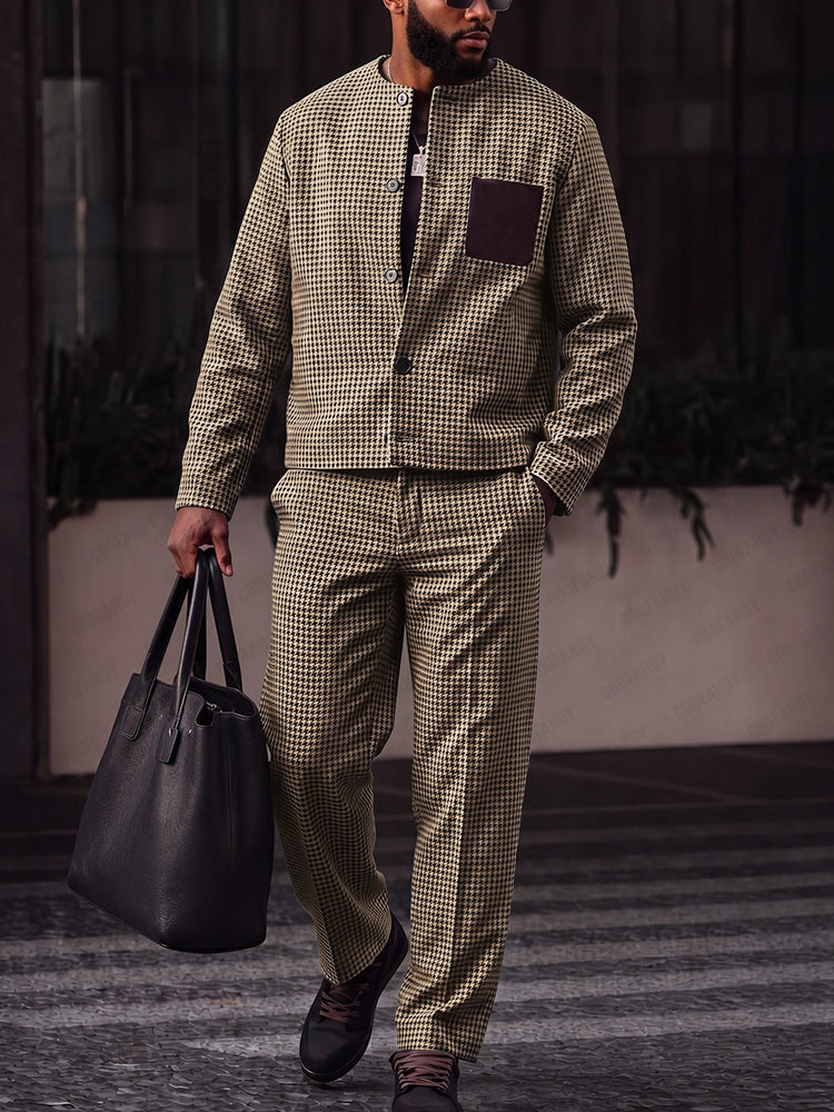 Casual Vintage Houndstooth Jacket Pants Set
