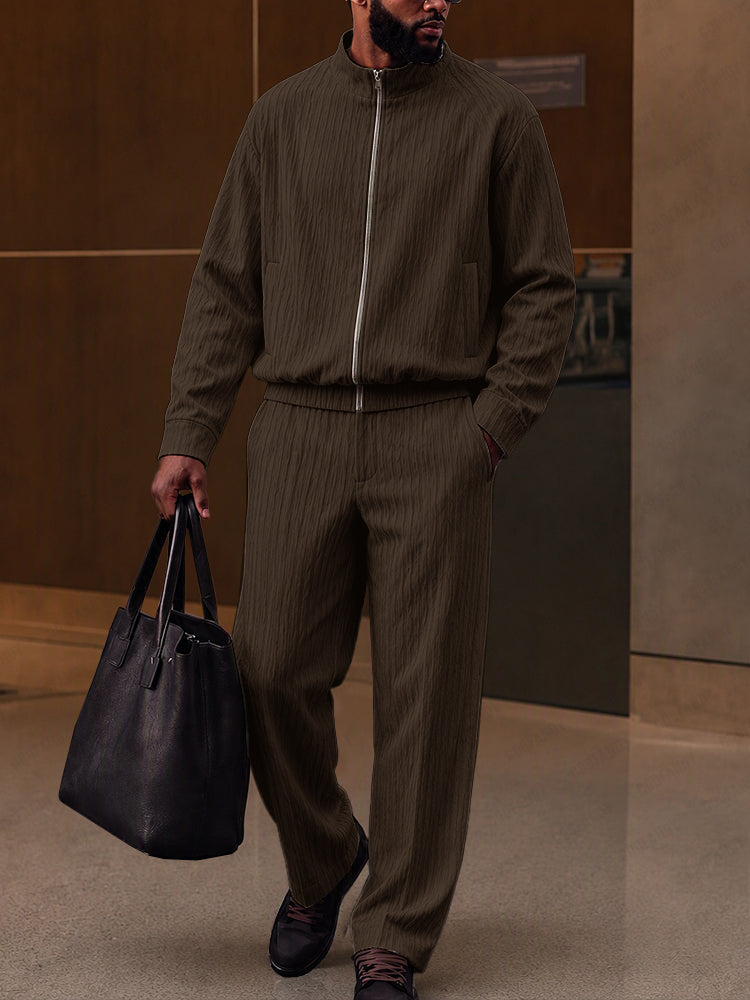 Casual Vertical Ribbed Stand Collar Jacket Set