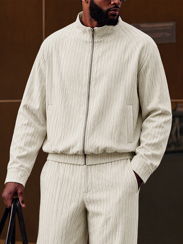 Casual Vertical Ribbed Stand Collar Jacket Set