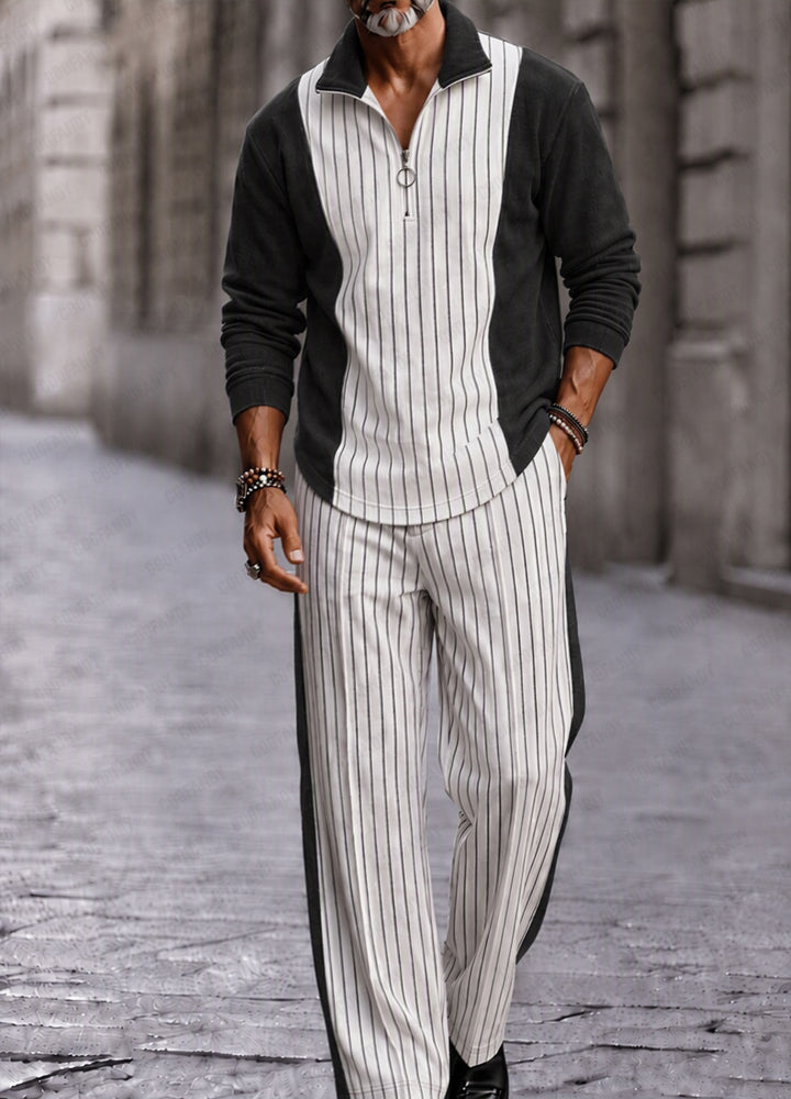 Stylish Striped Patchwork Polo Shirt Set