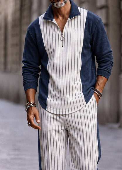 Stylish Striped Patchwork Polo Shirt Set