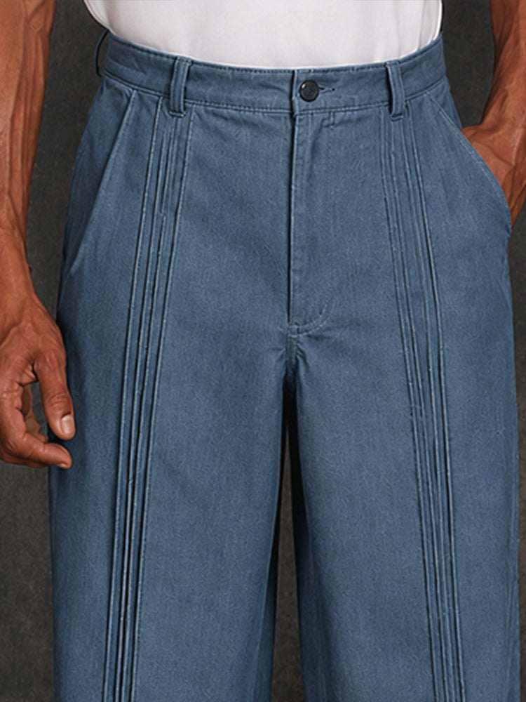 Premium Cotton Front Pleated Faux Denim Pants