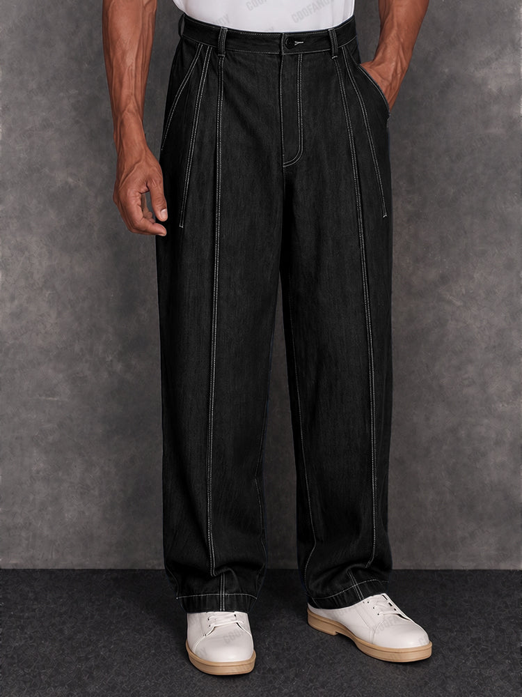 Casual 100% Cotton Contrast Stitch Faux Denim Pants