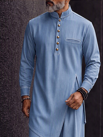 Minimalist Casual Faux Denim Longline Shirt Set