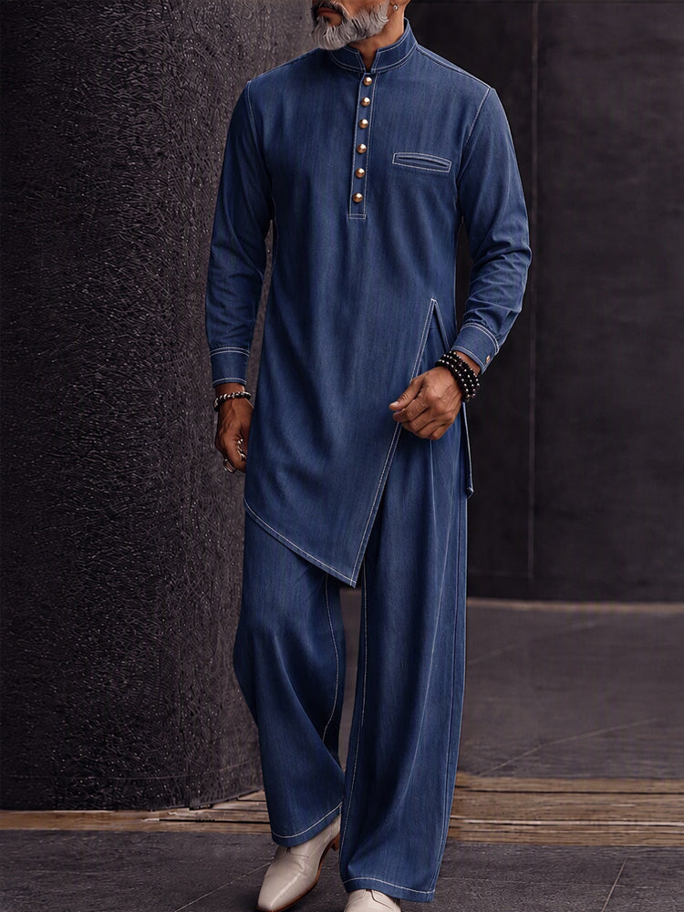 Minimalist Casual Faux Denim Longline Shirt Set