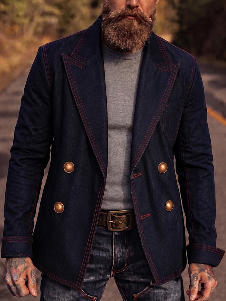 Vintage Contrast Stitch Denim Double-Breasted Blazer