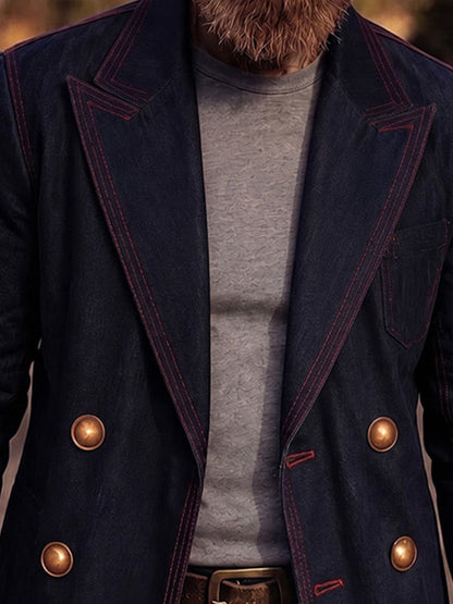 Vintage Contrast Stitch Denim Double-Breasted Blazer