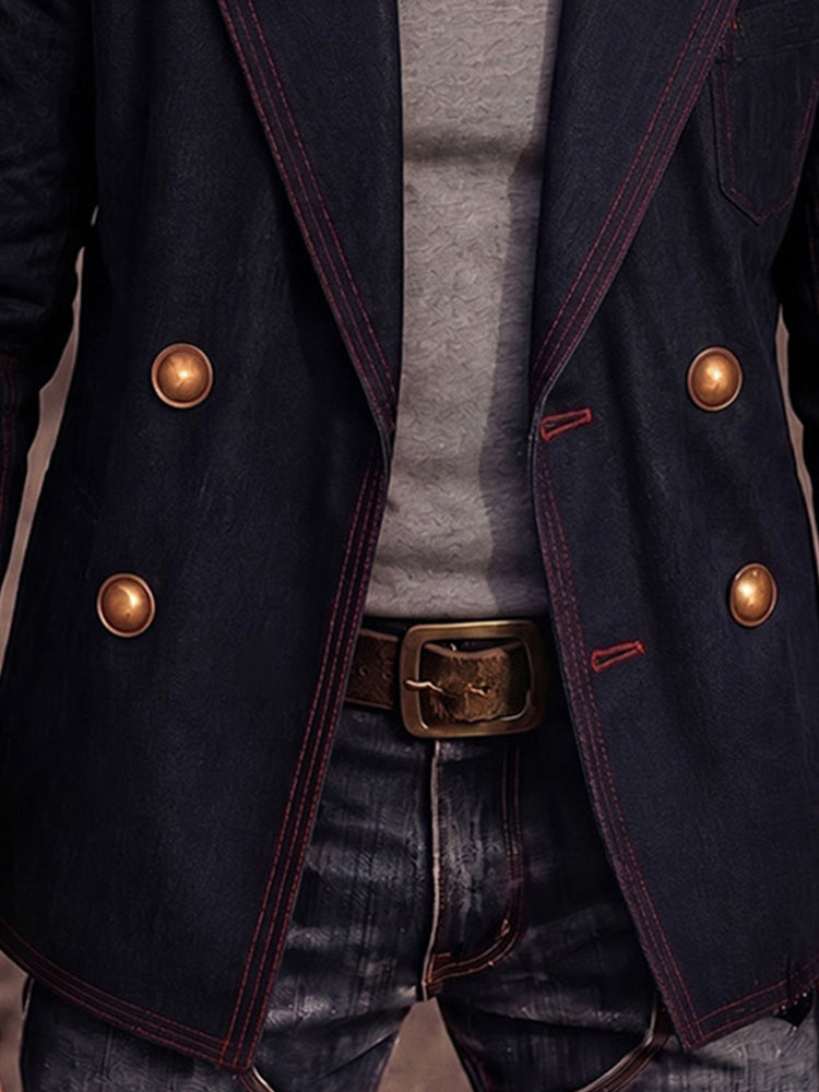 Vintage Contrast Stitch Denim Double-Breasted Blazer