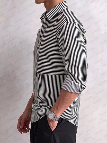 Fashion Striped Patchwork Shirt with Oversized Button Detail