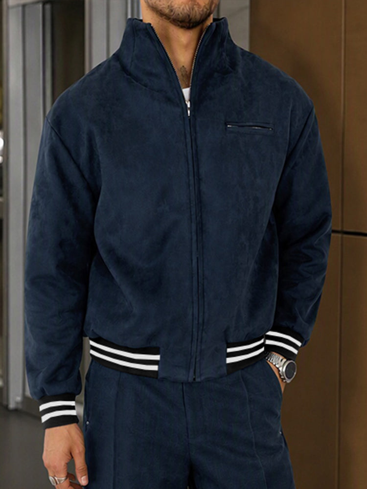 Casual Faux Suede Stand Collar Jacket Set