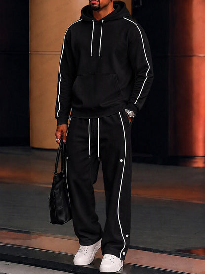 Casual Loose Contrast Piping Hoodie Set
