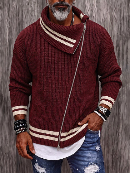 Casual Diagonal Zipper Placket Colorblock Sweater