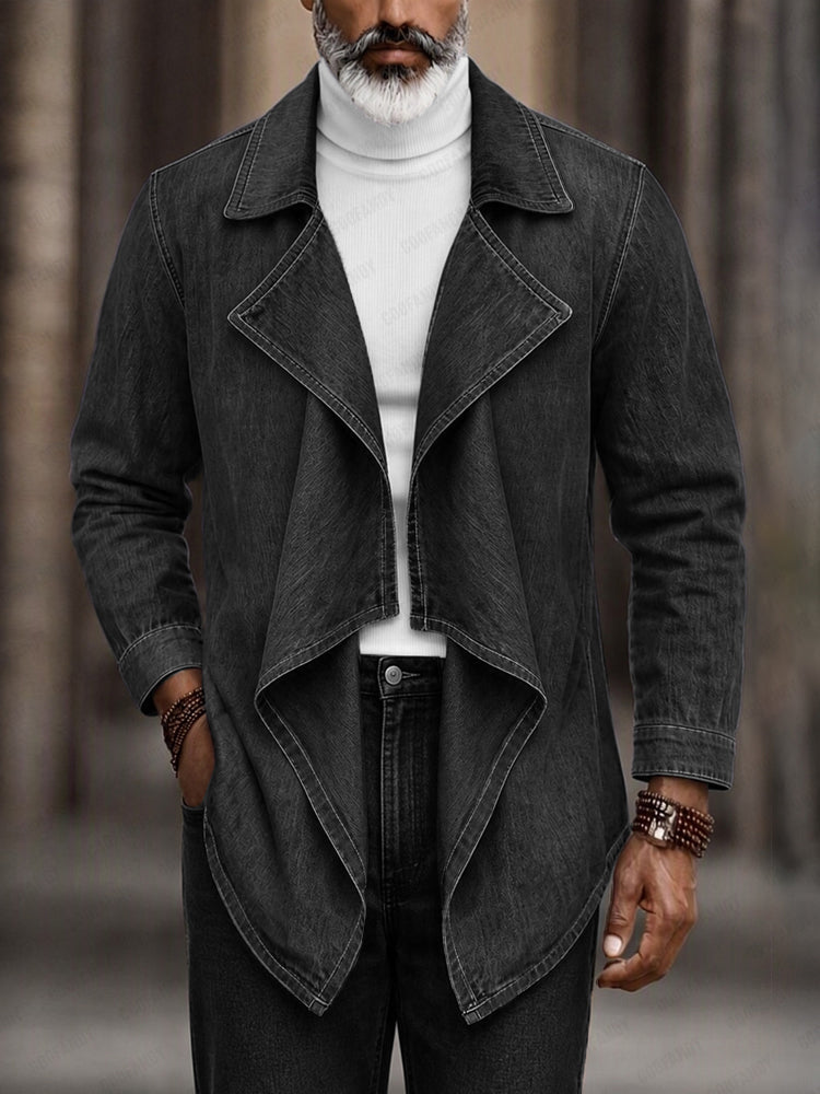 Faux Denim Open Front Draped Lapel Jacket