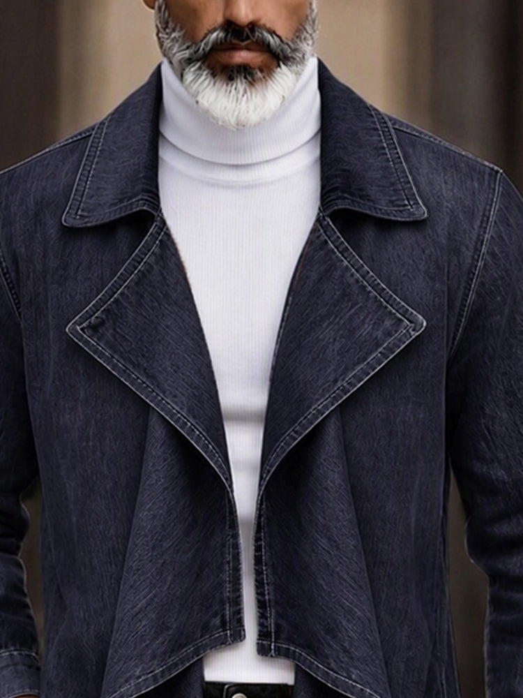 Faux Denim Open Front Draped Lapel Jacket