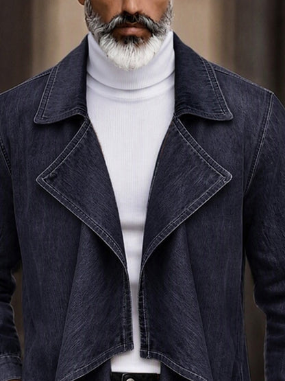 Faux Denim Open Front Draped Lapel Jacket