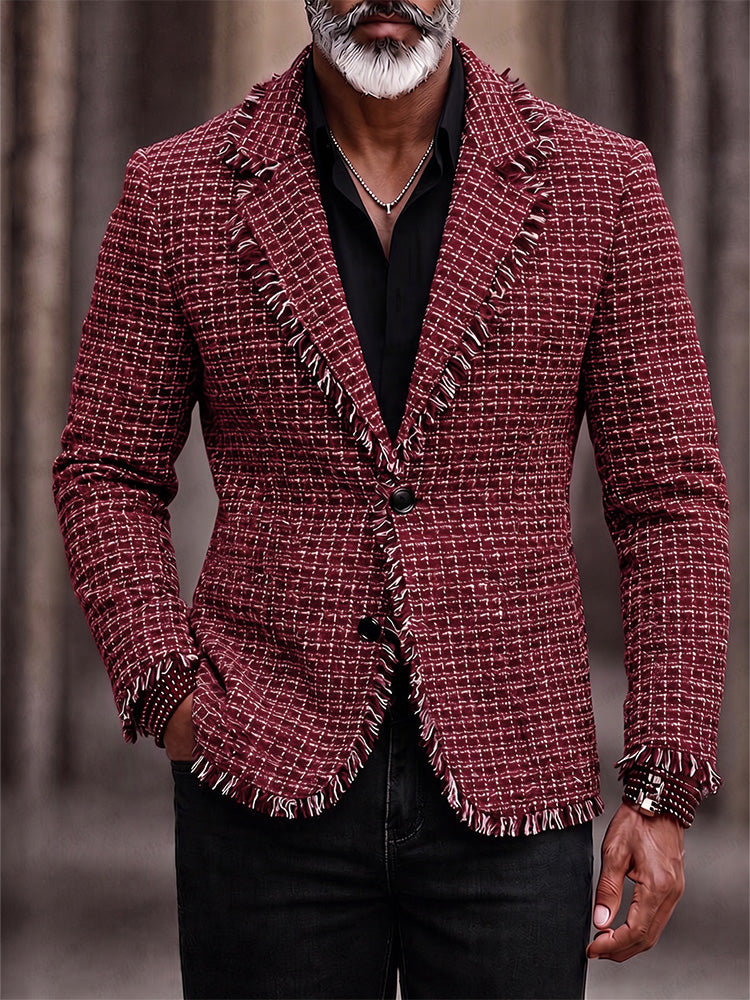 Modern Frayed Detail Plaid Tweed Blazer