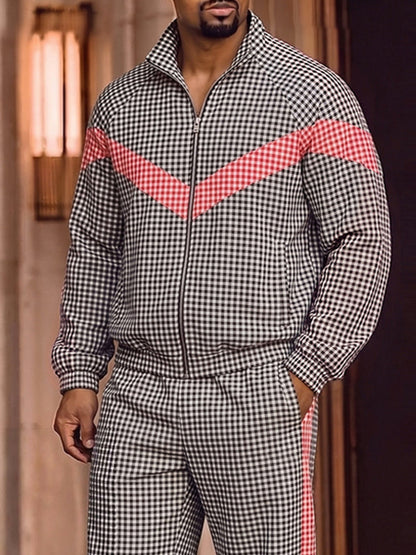 Sporty Plaided Contrast Color Jacket Pants Set