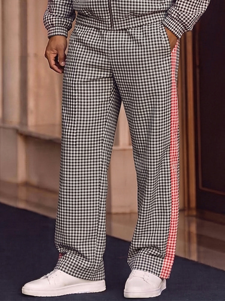 Sporty Plaided Contrast Color Jacket Pants Set