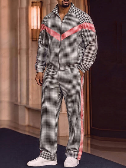 Sporty Plaided Contrast Color Jacket Pants Set
