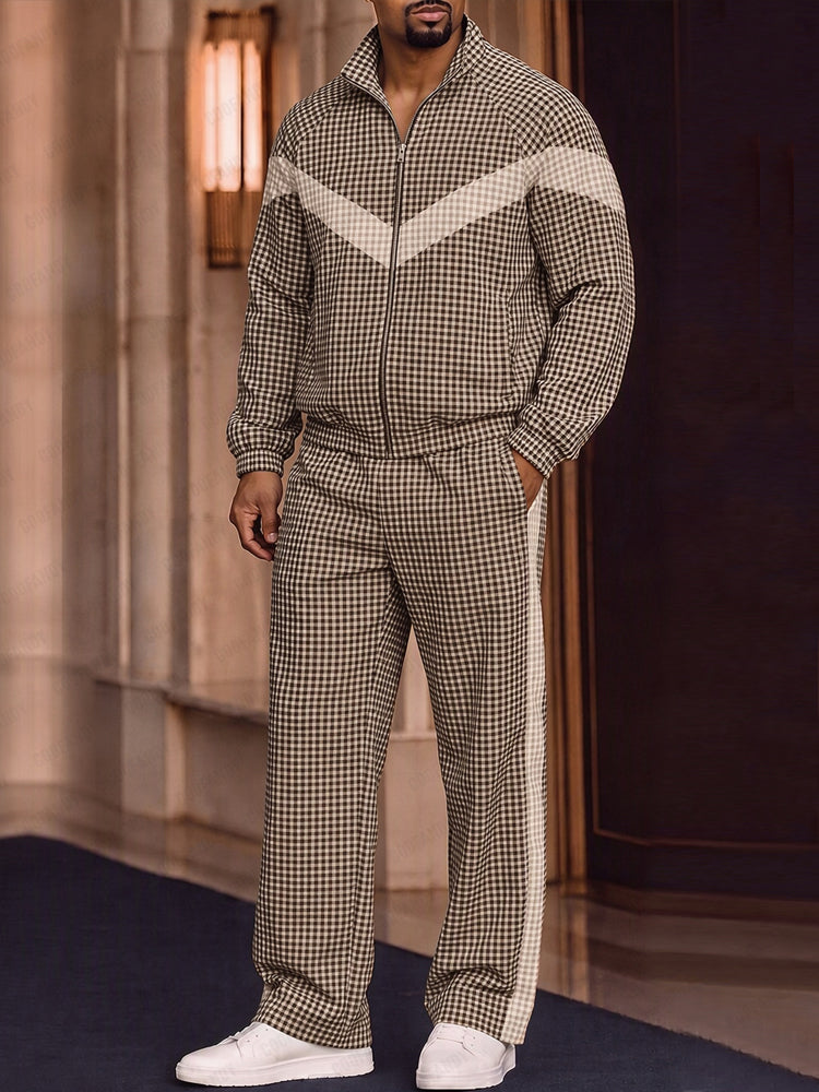 Sporty Plaided Contrast Color Jacket Pants Set