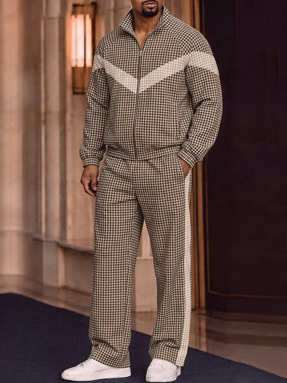 Sporty Plaided Contrast Color Jacket Pants Set