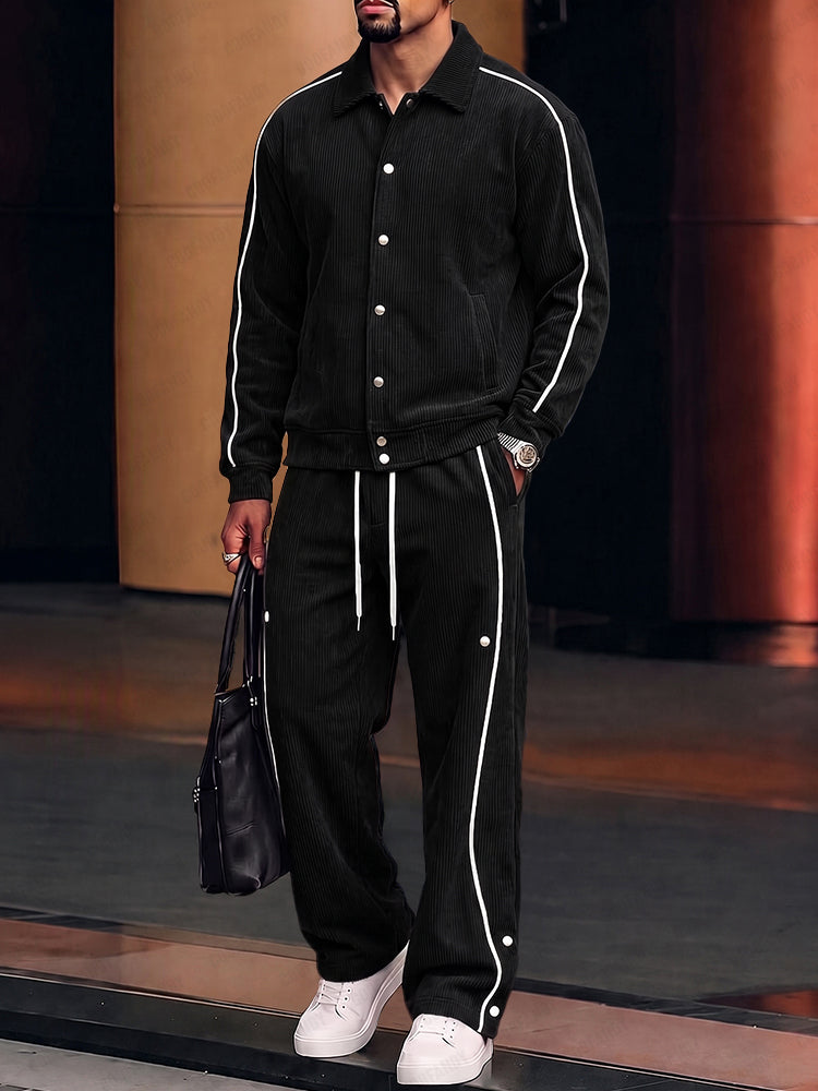 Casual Contrast Piping Corduroy Jacket Pants Set