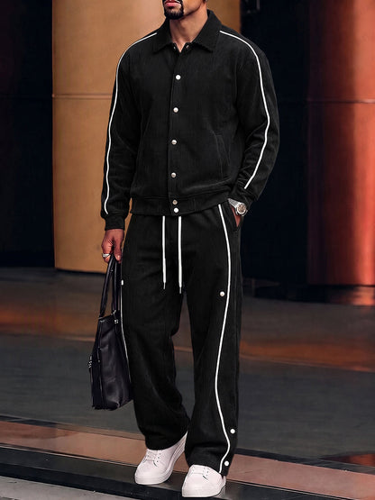 Casual Contrast Piping Corduroy Jacket Pants Set