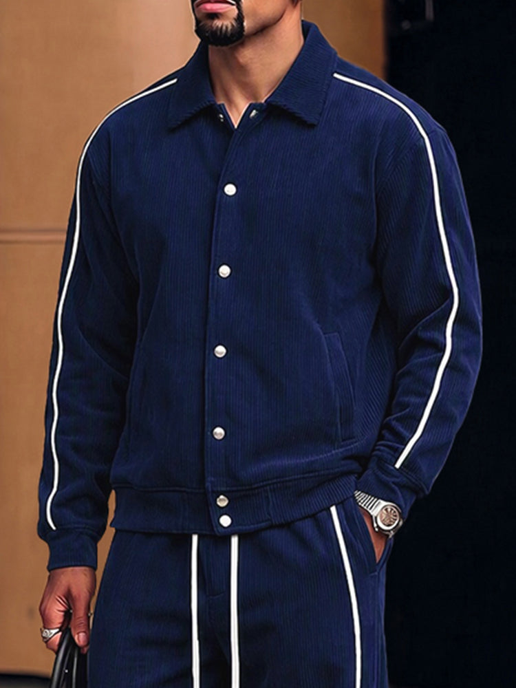 Casual Contrast Piping Corduroy Jacket Pants Set