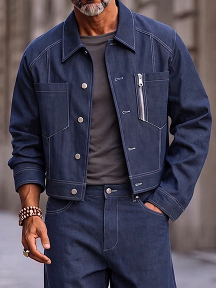 Urban Streetwear Faux Denim Trucker Jacket Set