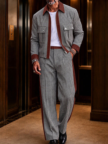 Modern Faux Suede Trim Houndstooth Co-Ord Set