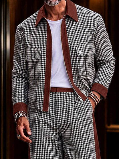 Modern Faux Suede Trim Houndstooth Co-Ord Set