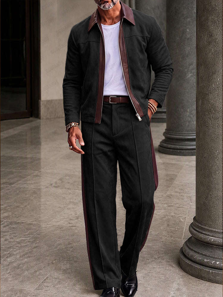 Refined Retro Faux Suede Jacket Pants Set