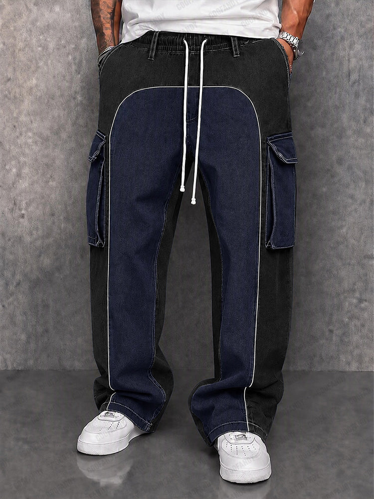 Denim-look Contrast Color Drawstring Pants