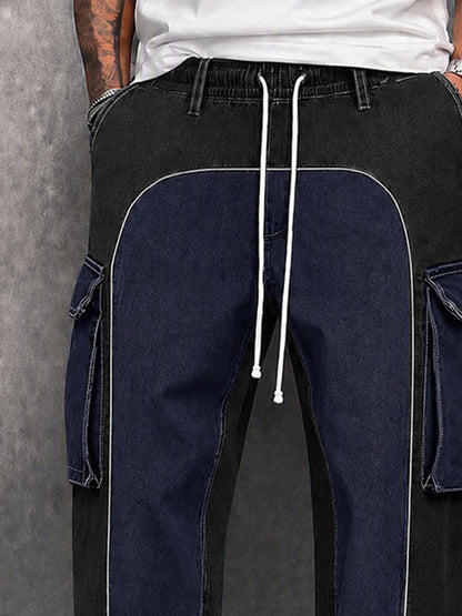Denim-look Contrast Color Drawstring Pants
