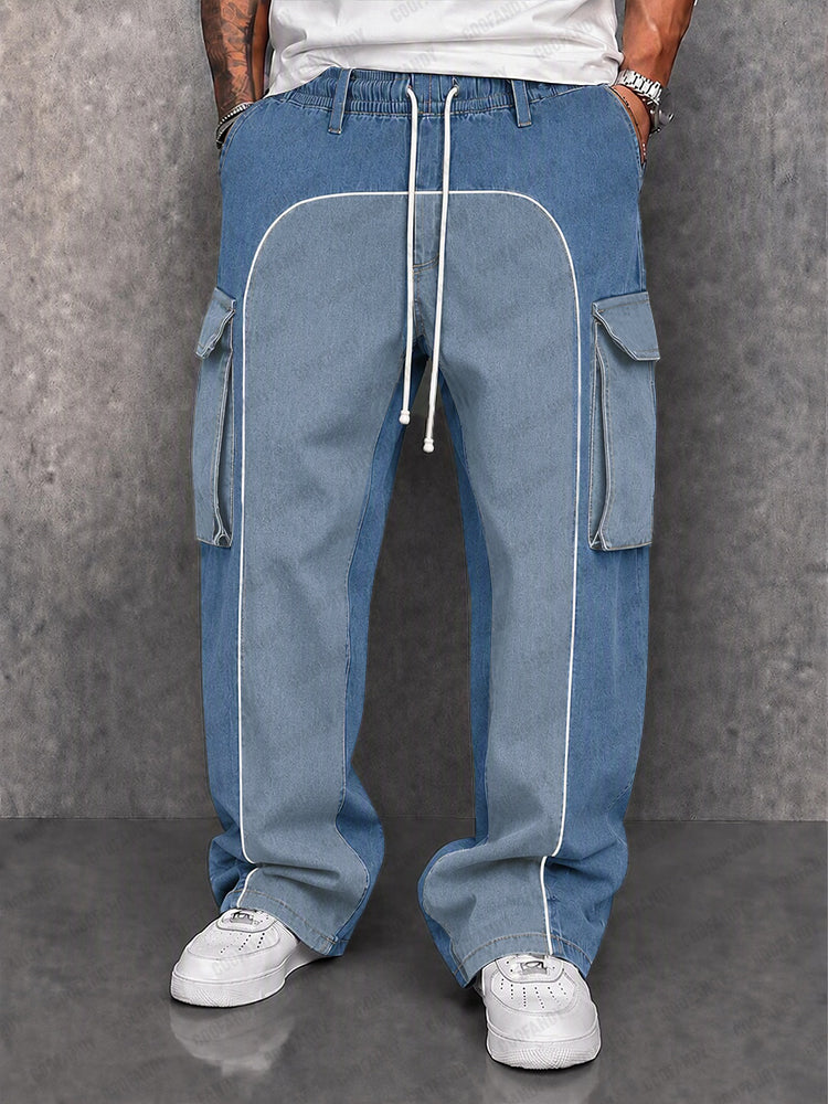 Denim-look Contrast Color Drawstring Pants