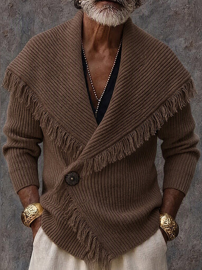 Stylish Fringe Trim Shawl Collar Knit Cardigan