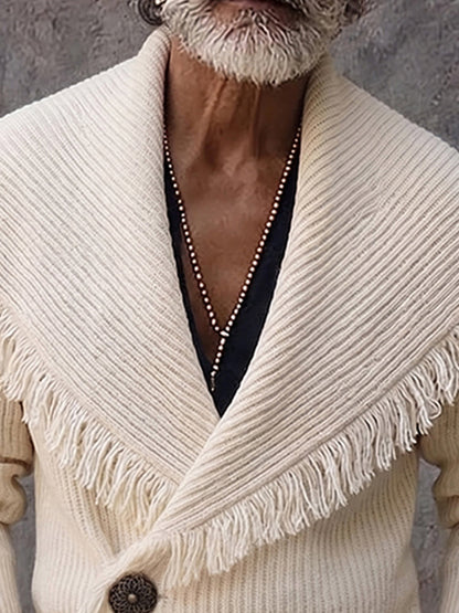 Stylish Fringe Trim Shawl Collar Knit Cardigan