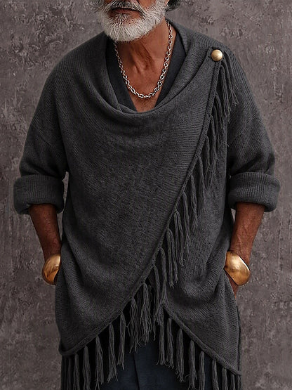 Casual Fringe Trim Draped Collar Knit Sweater