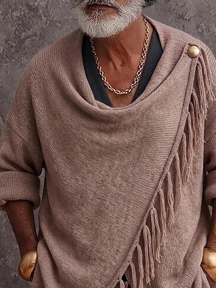 Casual Fringe Trim Draped Collar Knit Sweater
