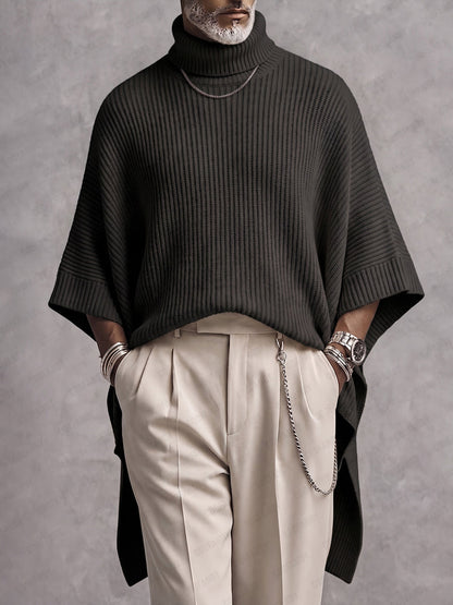 Modern High-Low Hem Batwing Sleeve Turtleneck Sweater