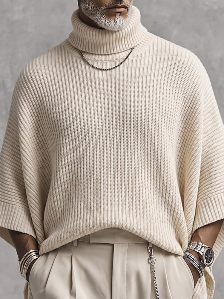 Modern High-Low Hem Batwing Sleeve Turtleneck Sweater