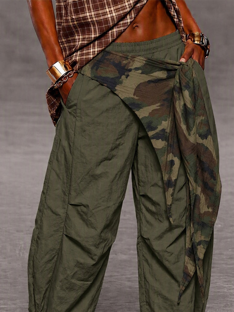 Urban Street Style Contrast Panel Parachute Pants