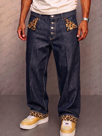 Casual Contrast Panel Faux Denim Pants