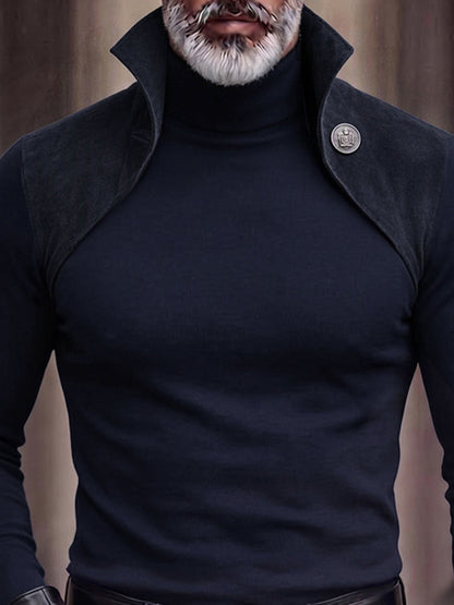 Gothic Faux Suede Panel Turtleneck Slim Fit Top